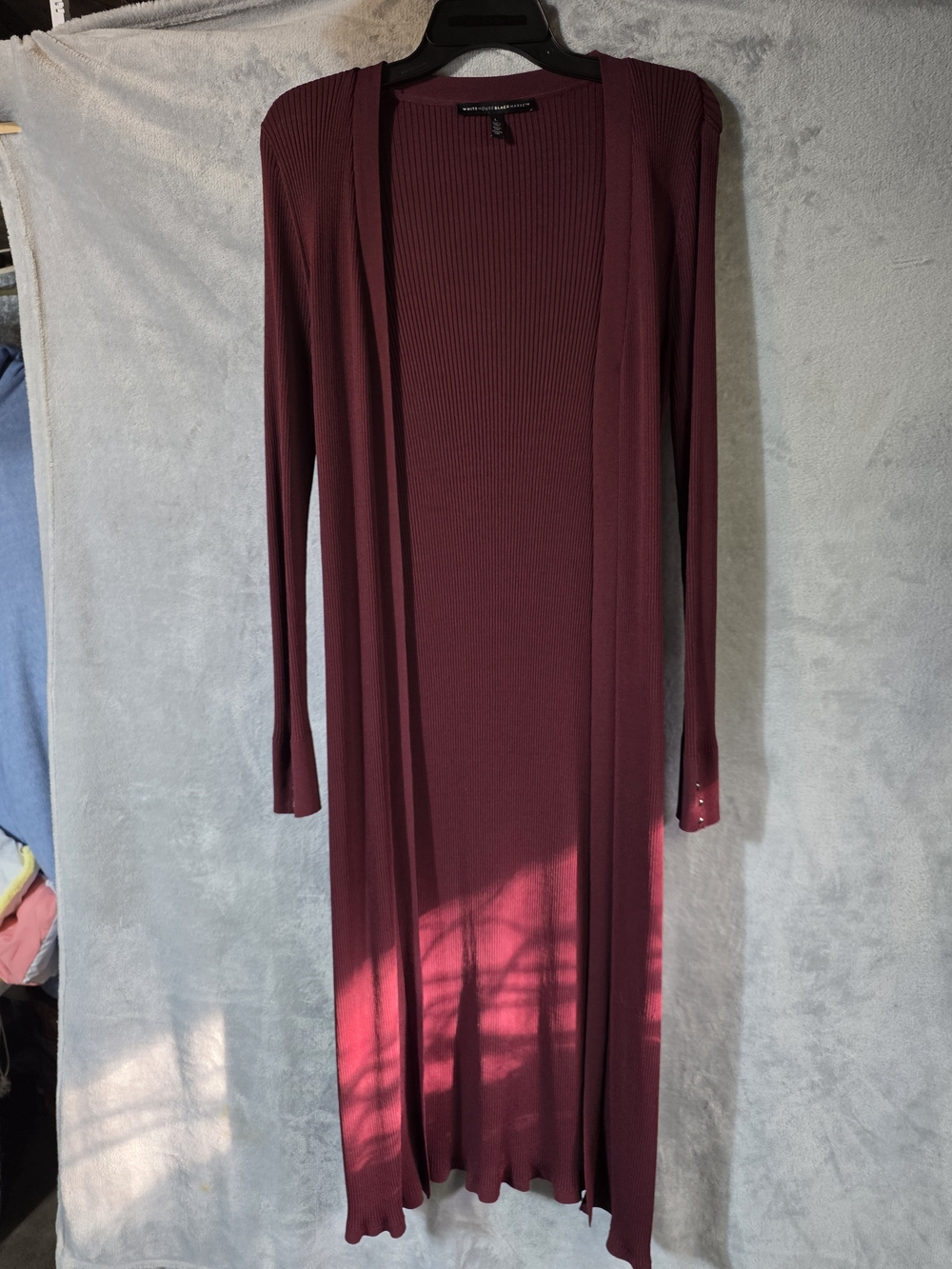 White House Black Market Long Ribbed Open-Front Dress Cardigan in Burgundy